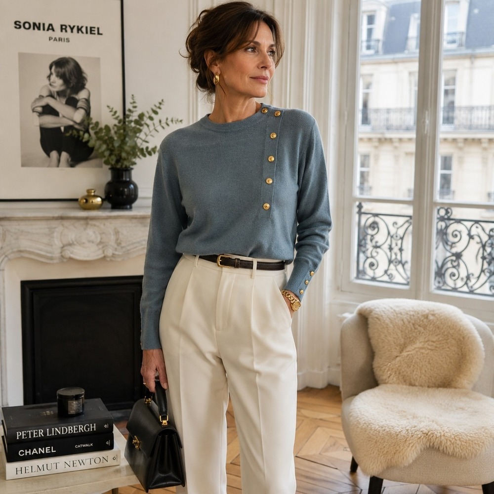 Sonia Rykiel Paris M Wool Knit Sweater Gold Button French Designer Top Quiet Lux